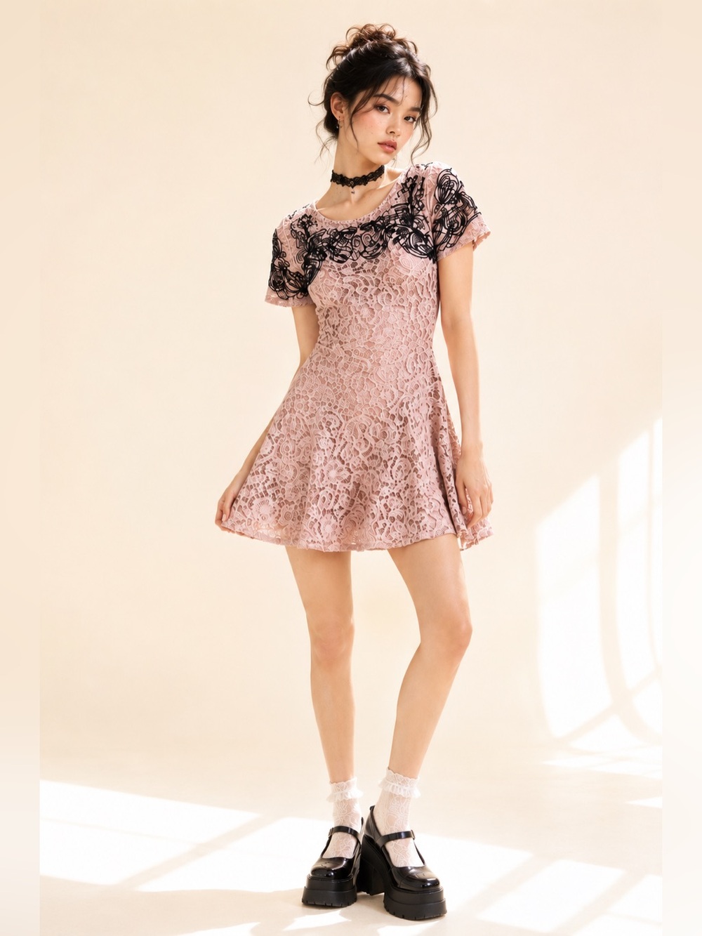Free People Romantic Lace Mini Dress Appliqué Detail Statement Size M